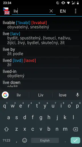 Anglicko-český offline slovník screenshot