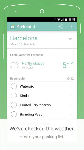 PackPoint travel packing list screenshot