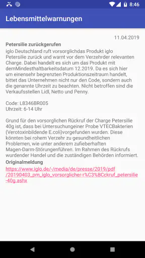 Lebensmittelwarnung screenshot
