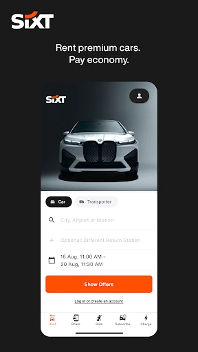 SIXT rent. share. ride. plus. screenshot