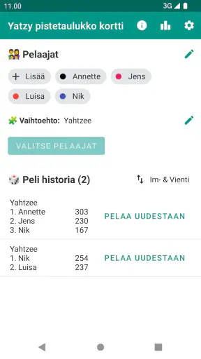 Yatzy pistetaulukko kortti screenshot