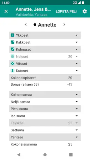 Yatzy pistetaulukko kortti screenshot