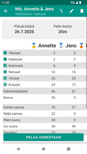 Yatzy pistetaulukko kortti screenshot