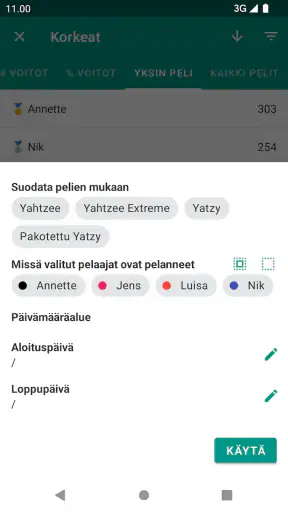 Yatzy pistetaulukko kortti screenshot