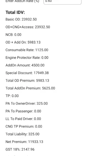 Motor Insurance Calculator screenshot