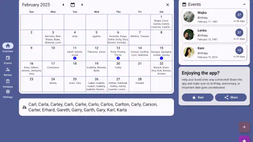 कैलेंडर और नाम दिवस screenshot