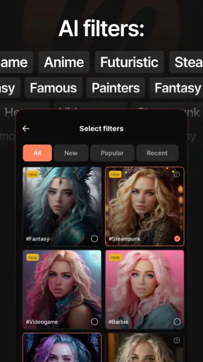 Mosaica AI avatars and filters screenshot