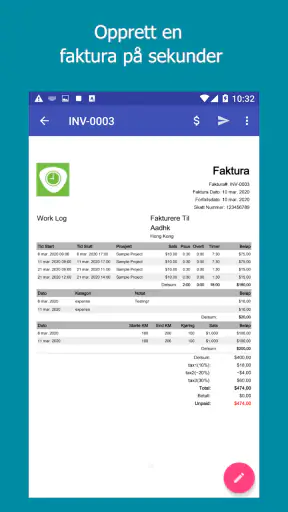 Work Log: Tidssjema & Faktura screenshot