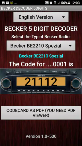 Becker 5Digit Radio Code screenshot